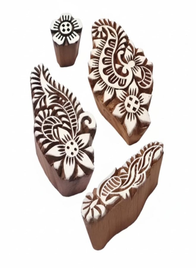 KHUSHA CREATIONS Wooden Printing Block Set for Fabric, Clay & Paper | Floral & Paisley Hand-Carved Stamps for Block Printing, Rangoli, Craft, Mehndi Design (Set of 4) - Image 1